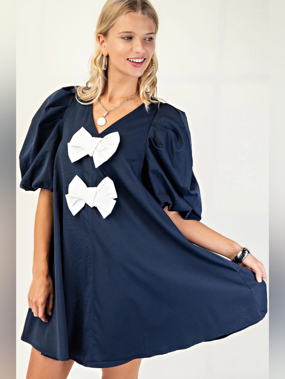 NWT A-Line Mini Dress with White Bows on Front Size S/M/L